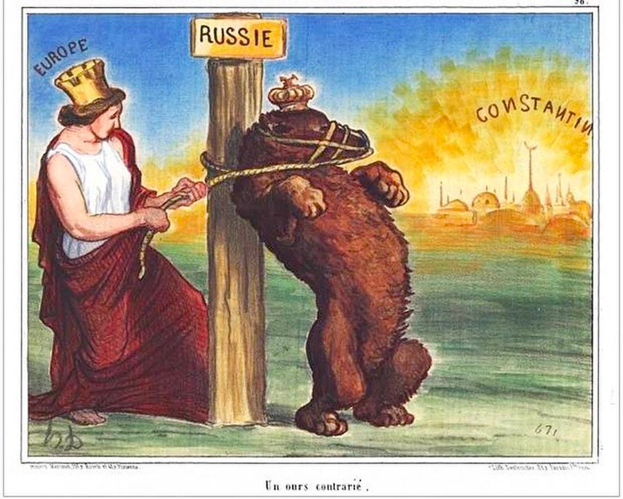 Illustration française de la guerre de Crimée (28 août 1854) montrant l'Europe empêchant l'ours russe de capturer Constantinople. Publiée dans Le Charivari, dessinée par Honoré Daumier.