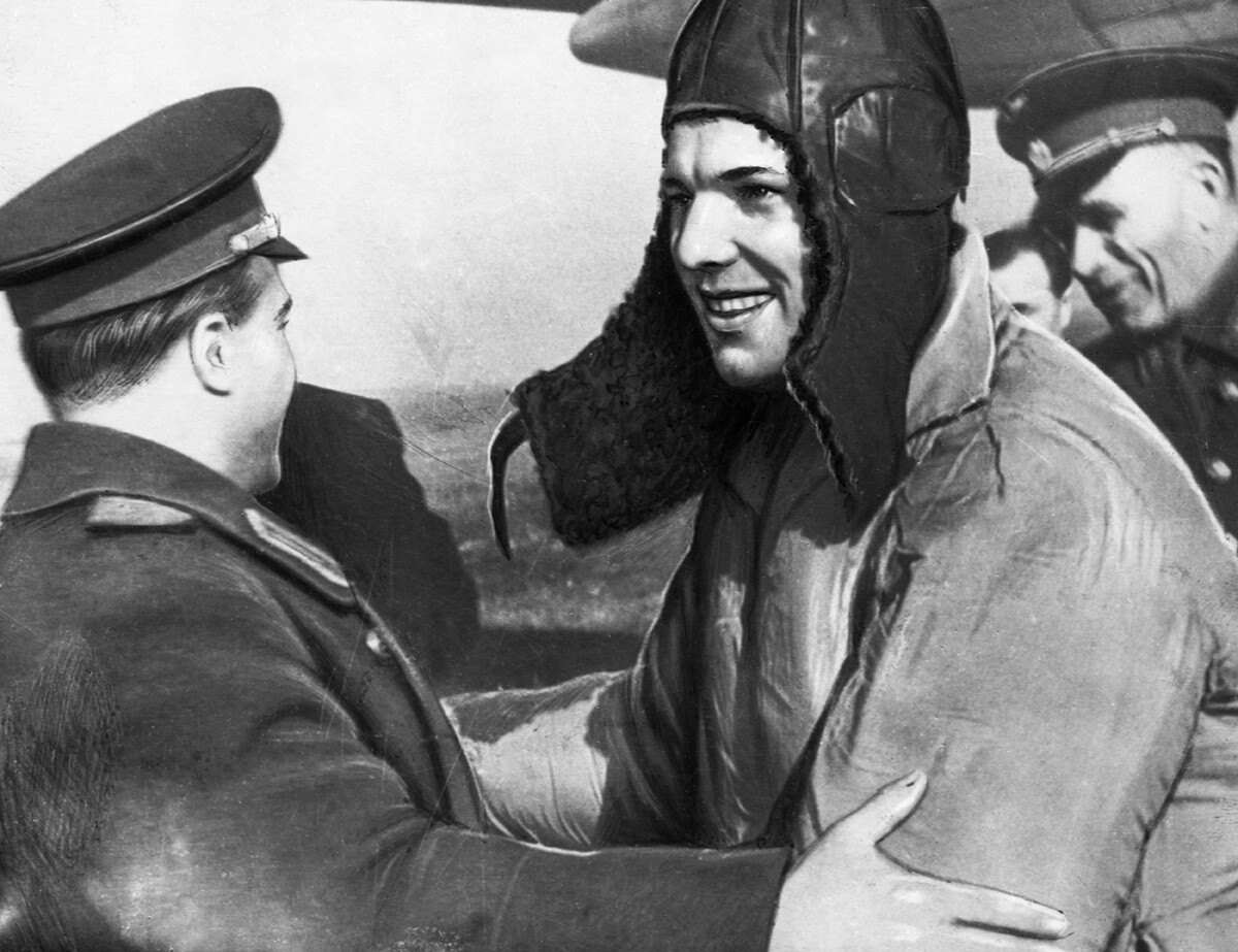 USSR. April 12, 1961. Pilot-cosmonaut of the USSR Yuri Gagarin (R) after the successful landing of the spacecraft Vostok
