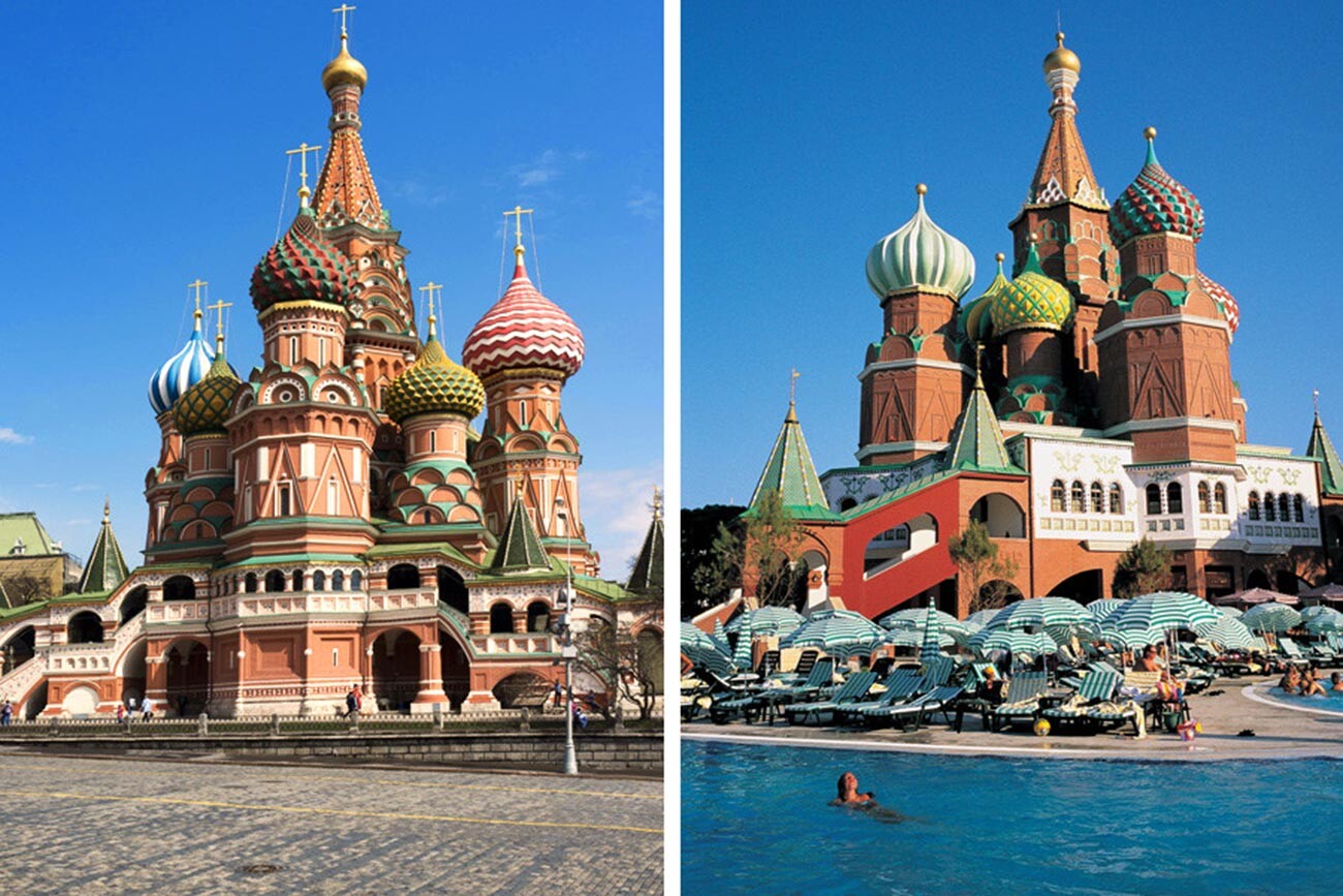 Basilius-Kathedrale (links); Hotel Kremlin Palace in der Türkei.
