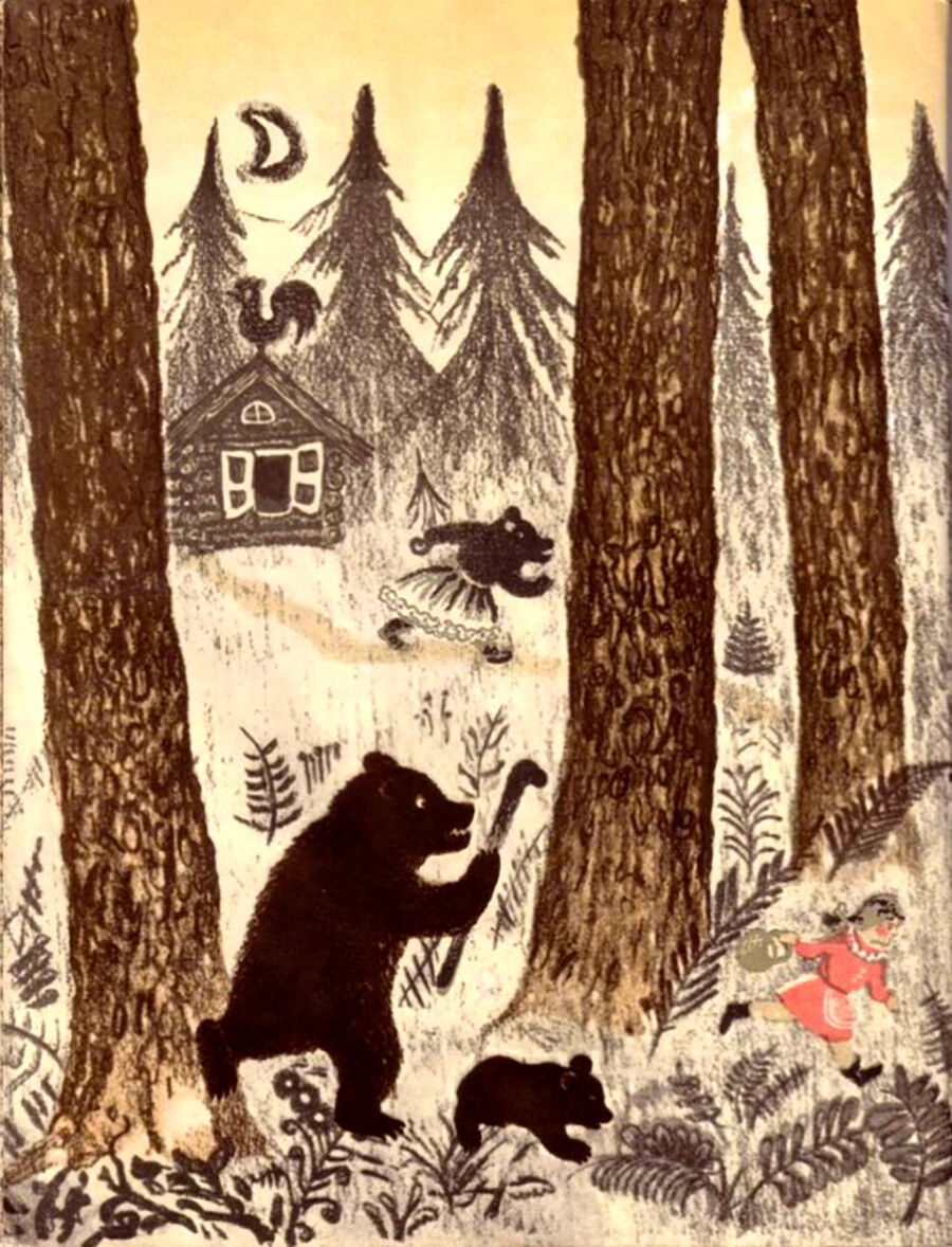 Ilustração de 1935 para o conto “Macha e os Três Ursos”, recontado por Lev Tolstói.