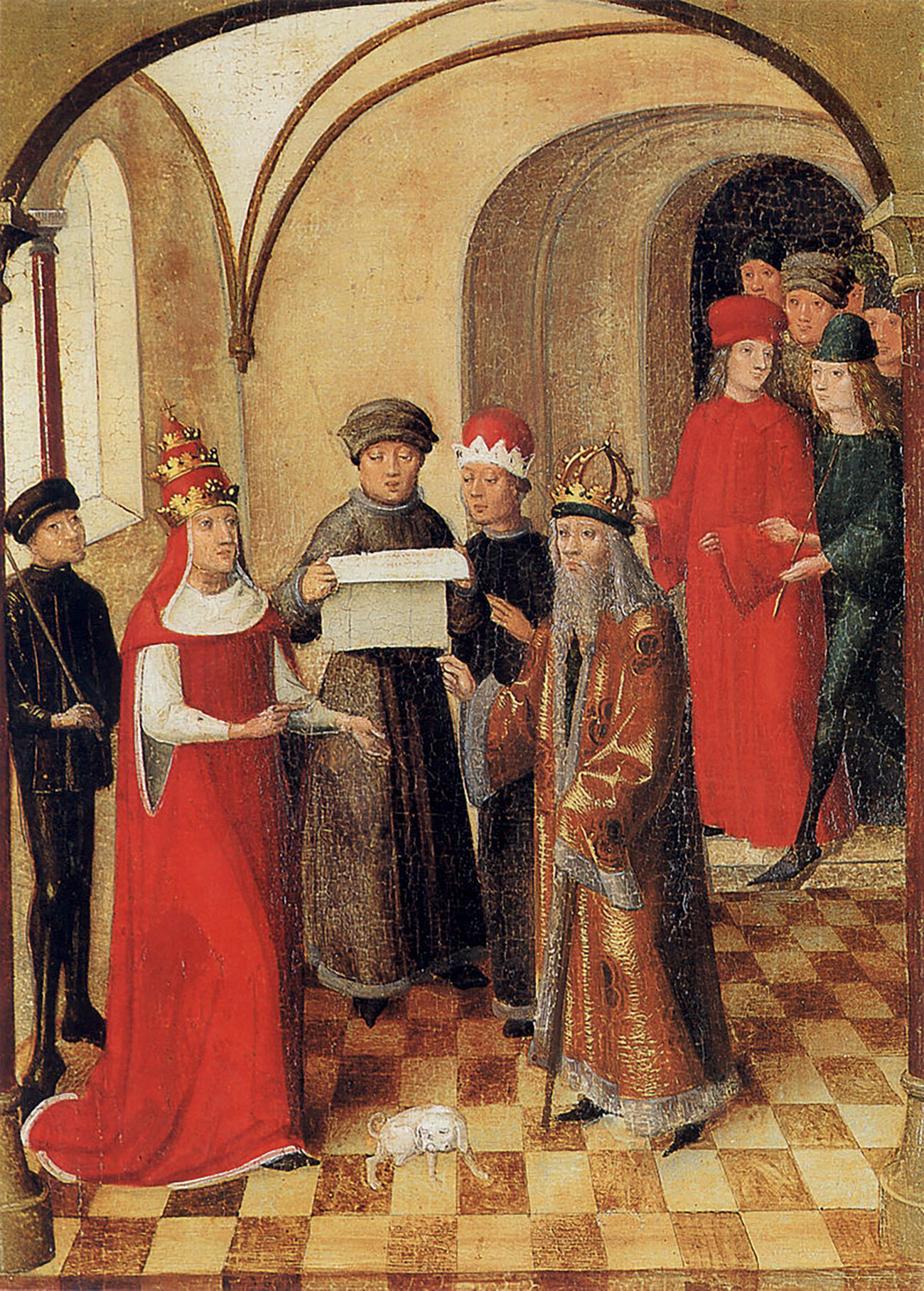 Tableau du Saint-Sang de Weingarten de 1489. Landesmuseum Württemberg, Stuttgart. Tableau 12: L'empereur communique la nouvelle au pape et au duc Boniface de Mantoue (ahistoriques, selon la légende en 1048).