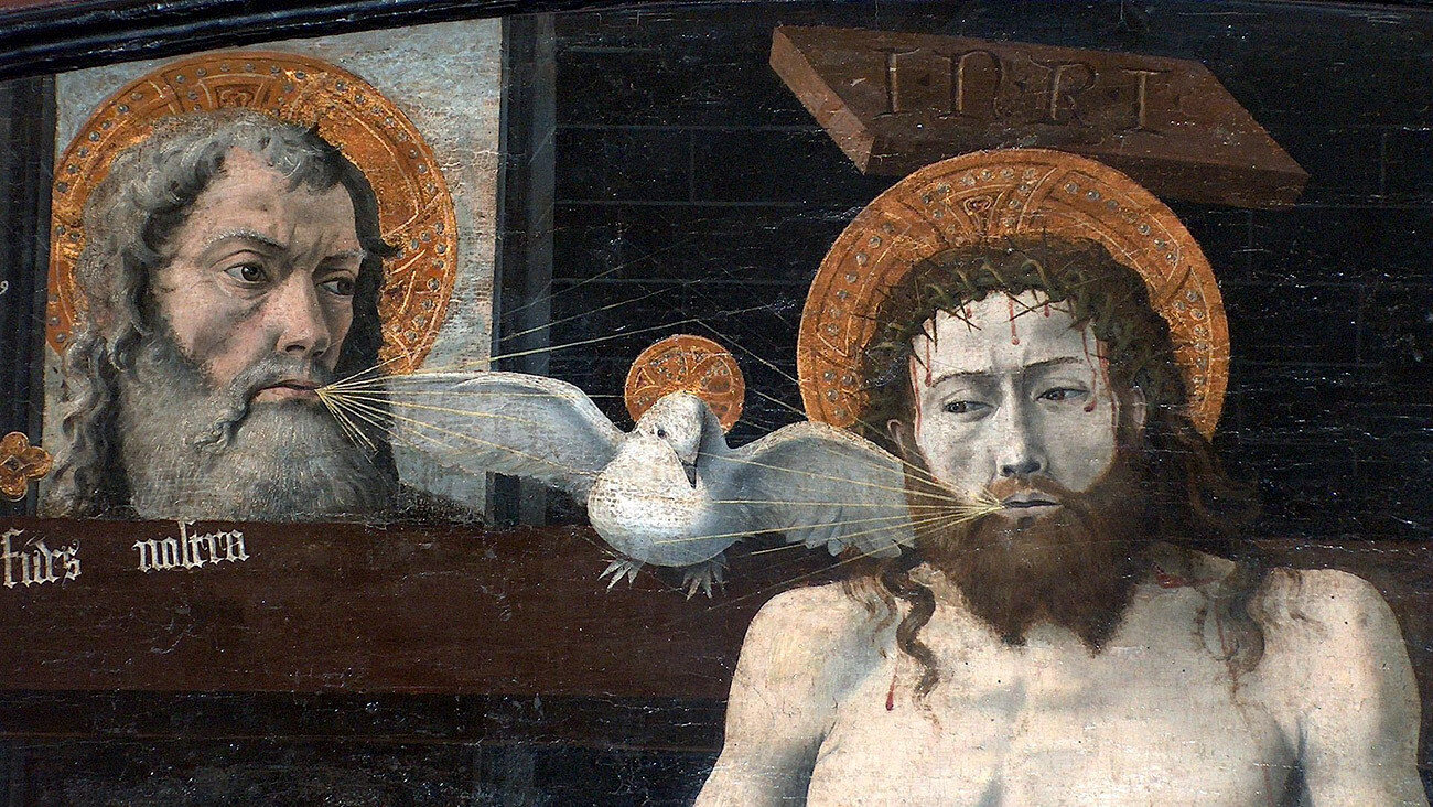 Исхождение Святого Духа от Бога-Отца и Сына, согласно Филиокве. Фрагмент росписи алтаря из Бульбона, Франция