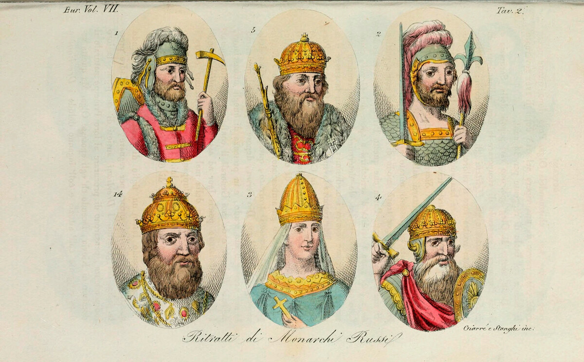 1. Рурик 2. Игор Киевски 3. Ољга 4. Свјатослав 5. Владимир Велики 14. Иван IV (во древни костими, Џулио Ферарио), 1831.
