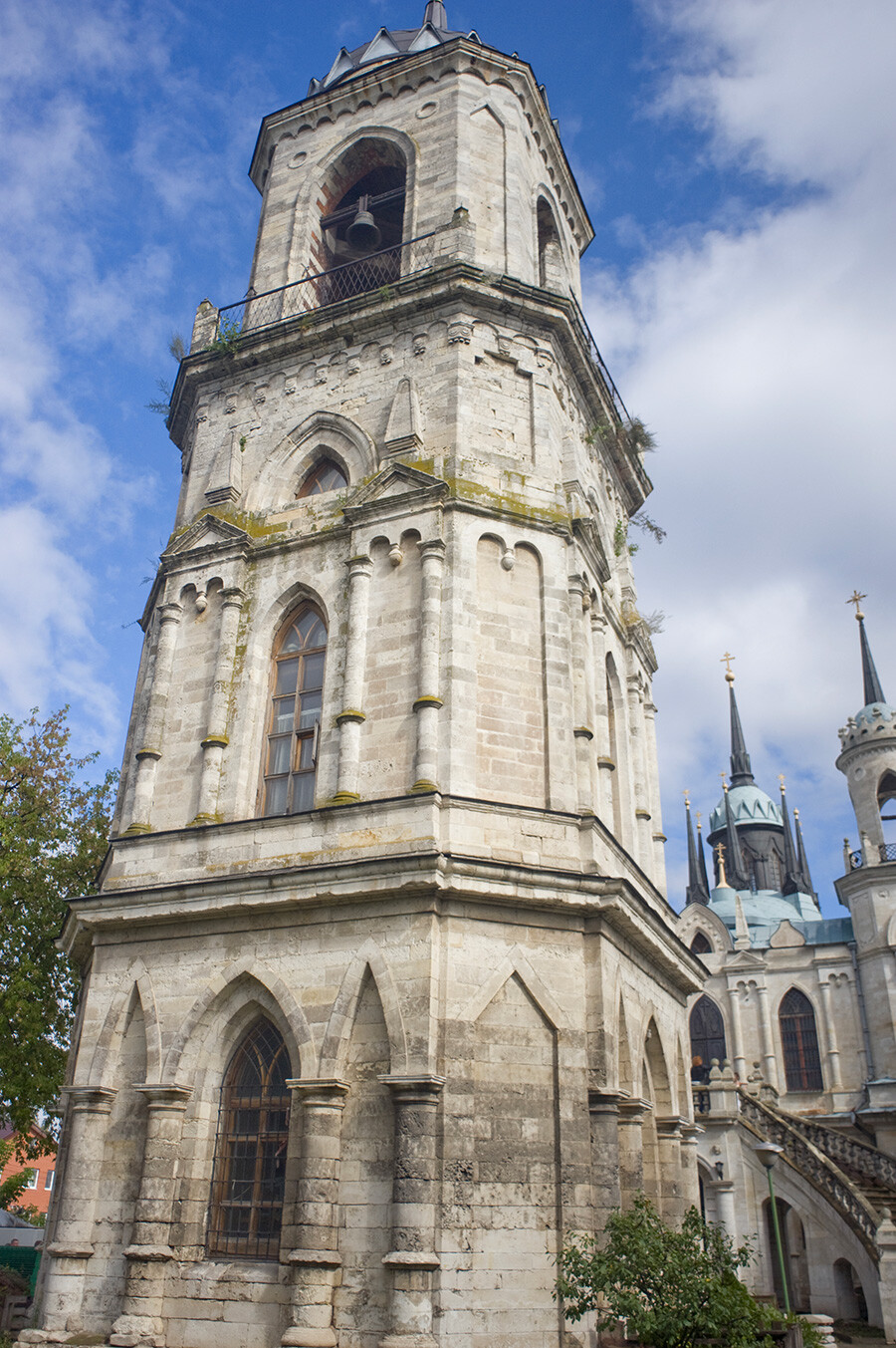 Gothic revival bell tower, Church of the Vladimir Icon of the Virgin, southwest view. August 30, 2014.