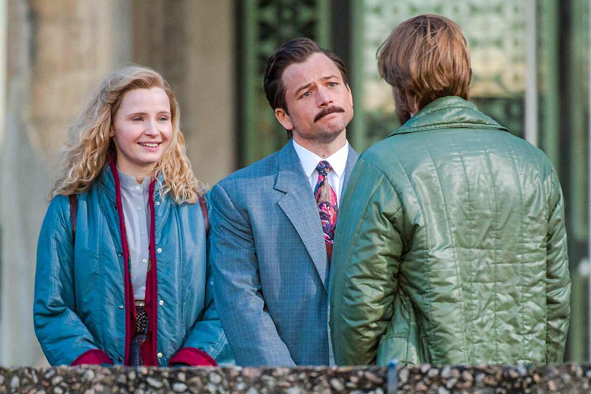 Taron Egerton on set of Tetris with Sofia Lebedeva and Nikita Efremov in Aberdeen, Scotland 