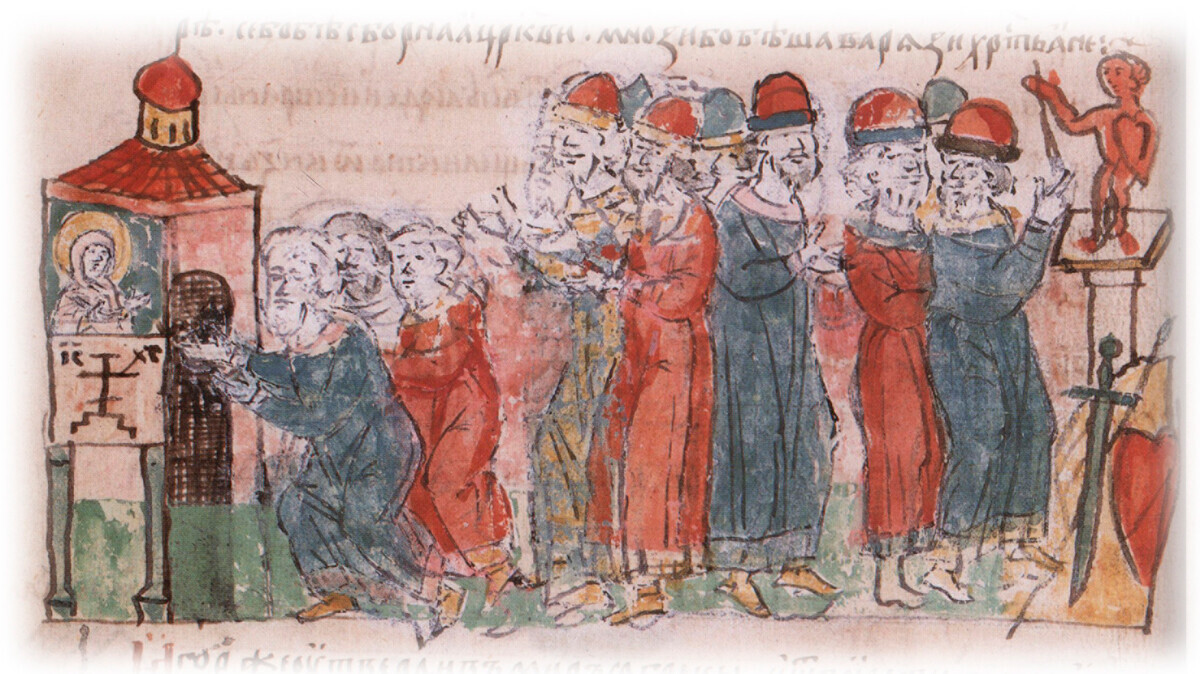 Knez Igor polaže zakletvu pred Perunovim kipom, a kršćani pred Hramom Svetog Ilije. Minijatura iz Radzivilovskog ljetopisa, kraj 15. stoljeća.