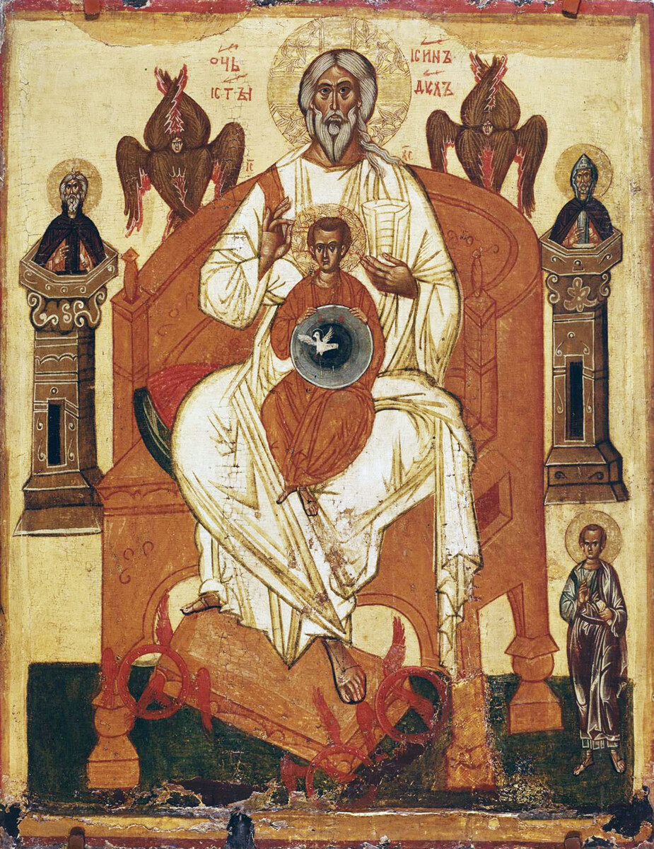 Jenis Tritunggal Perjanjian Baru yang langka. Veliky Novgorod, abad ke-15. Pelukis ikon tidak dikenal.