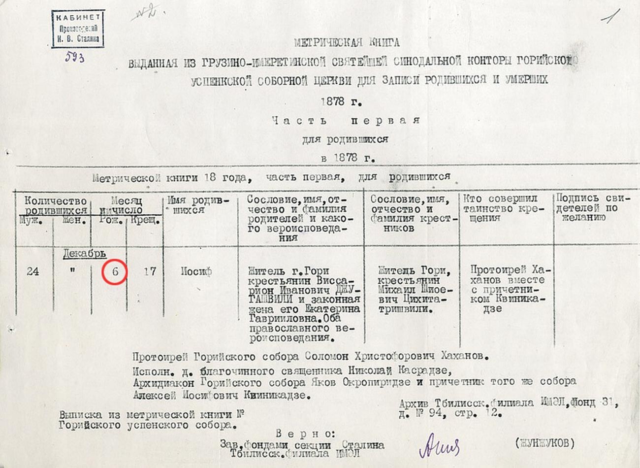 Метрическая книга Успенской церкви в Гори с указанием даты рождения Сталина (Джугашвили) – 6 декабря 1878 года