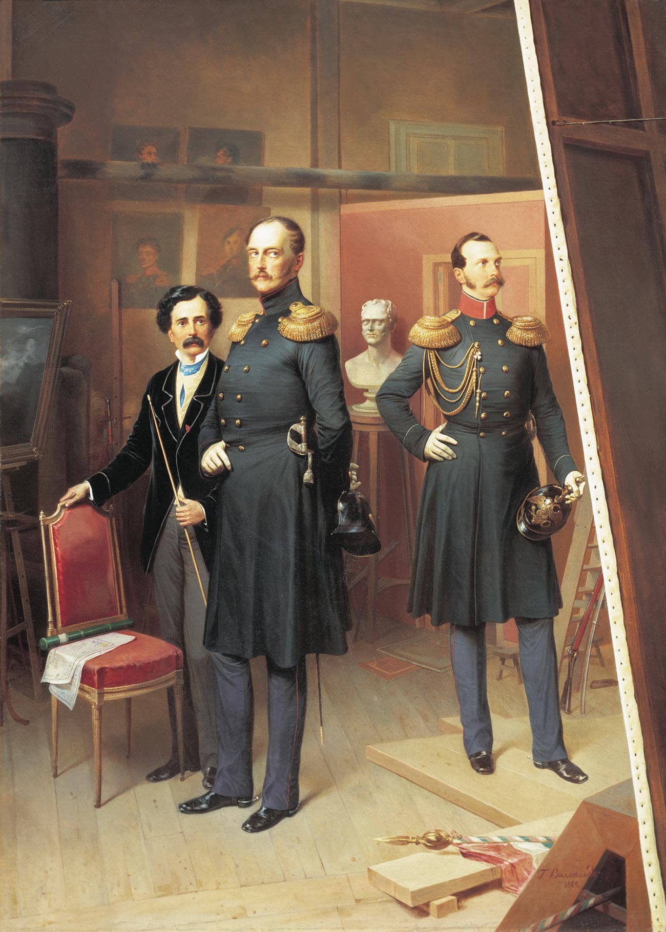 Nicolau 1° com o tsarevitch Alexandre no estúdio do artista em 1854.
