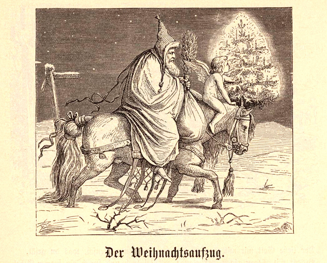 Knecht Ruprecht und das Jesuskind. Zeichnung aus dem 19. Jahrhundert
