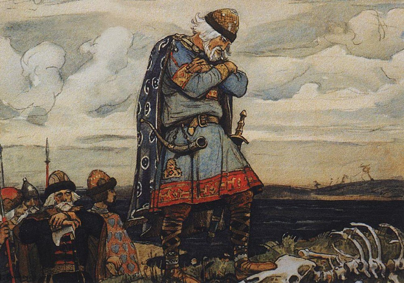 Oleg by the bones of a horse. Prince Oleg, the ruler of the Novgorod land, conquered Kiev in 882, uniting two main centers of east Slavs and forming the major state of Kievan Rus’.