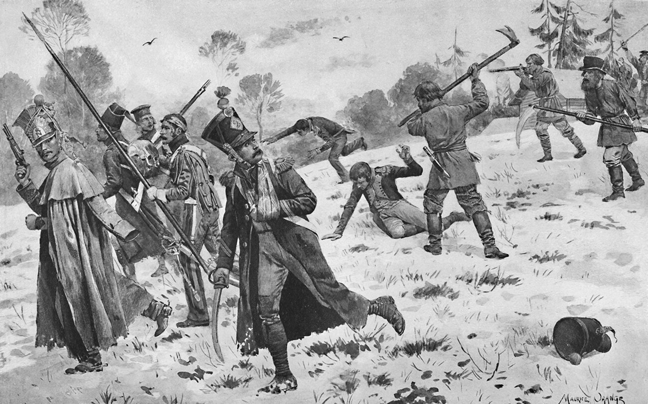 Ruski kmetje napadajo francoske prebežnike, 1812, (1896). Francoski vojaki pod vodstvom Napoleona Bonaparta (1769-1821) med invazijo na Rusijo