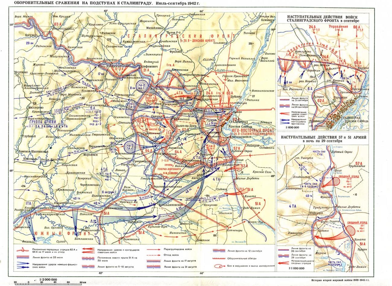 OBRAMBNE BITKE NA OBROBJU STALINGRADA. Julij - september 1942. Desno zgoraj: ofenziva na Stalingrajski fronti septembra; desno spodaj: ofenziva 57. in 57. armade v noči na 29. september 1942. Rdeče oznake se nanašajo na sovjetsko akcijo, modri pa na sovražnikovo.