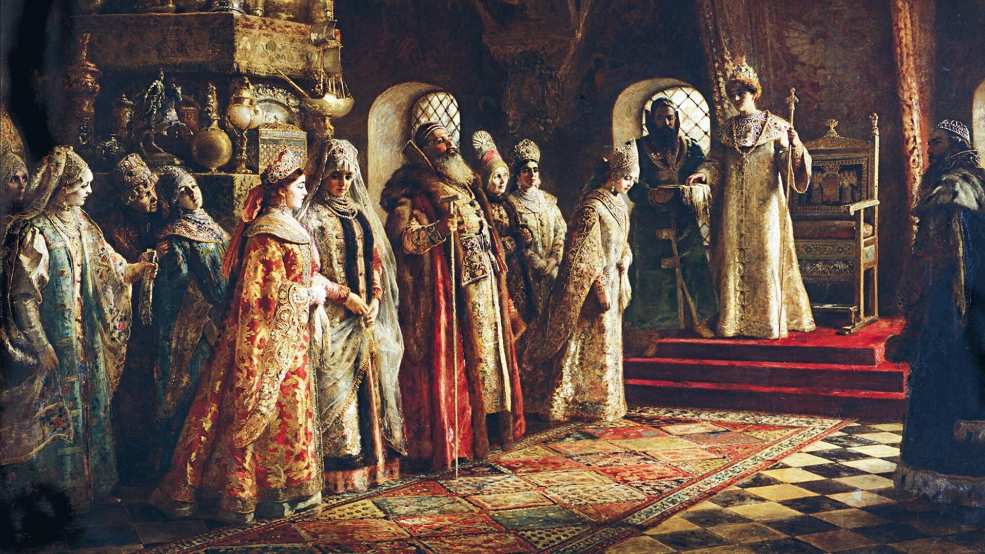 “Pertunjukan pengantin untuk Alexey Mikhailovich” oleh Konstantin Makovsky, 1882.