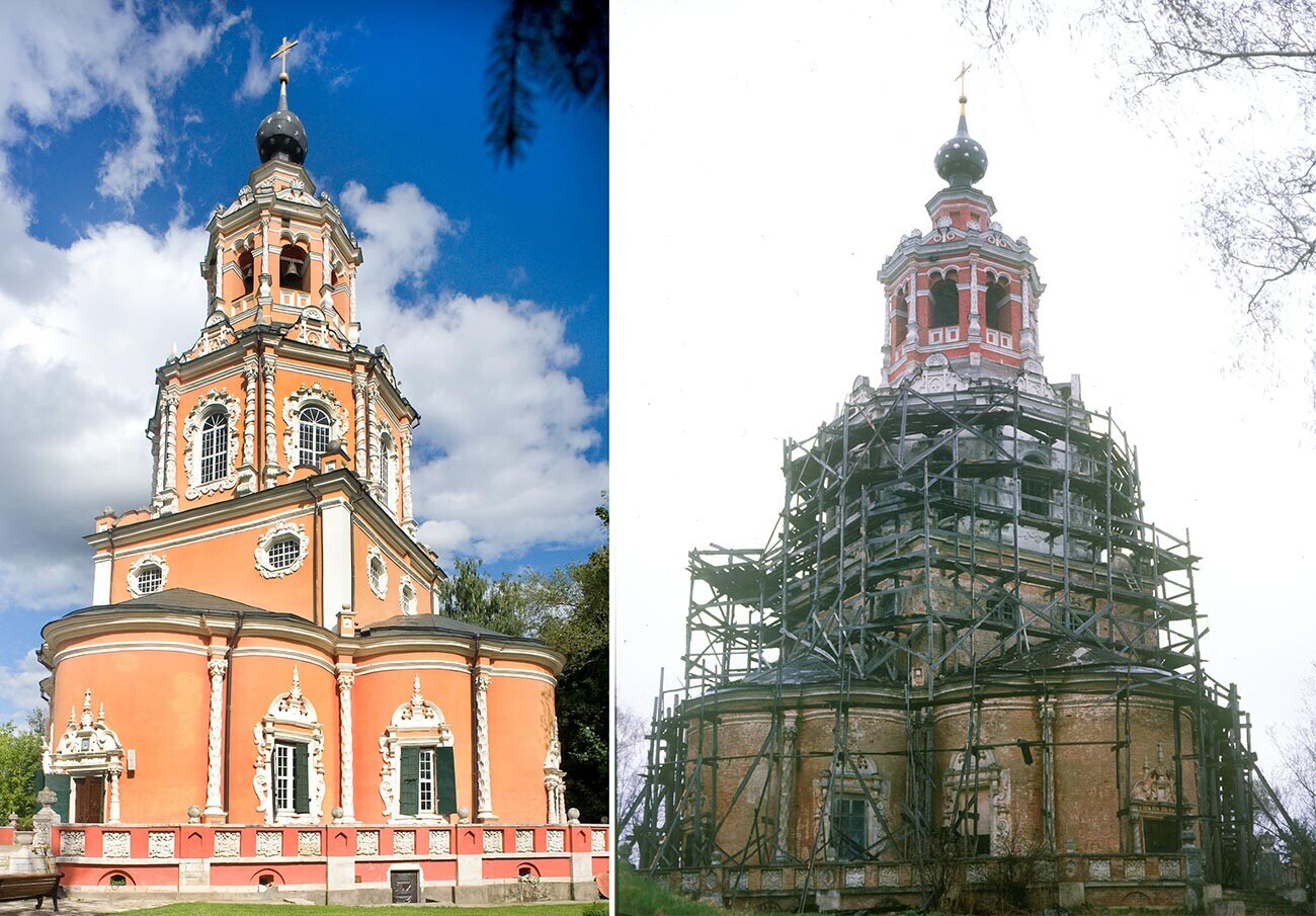 Izquierda: Ubori. Iglesia del Icono Milagroso del Salvador, vista suroeste. 16 de agosto de 2013. Derecha: Vista suroeste (en proceso de restauración). 2 de mayo de 1980. 