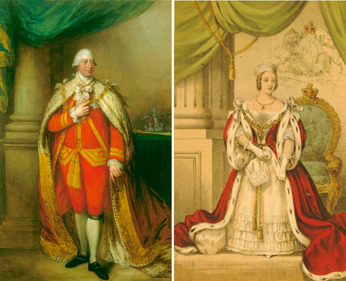 Georg III. und Königin Victoria in russischen Pelzen gekleidet.
