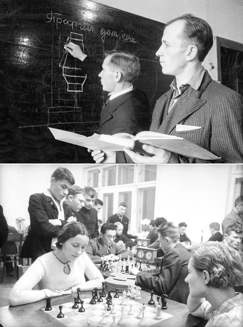 Arriba: Lecciones para los trabajadores. Abajo: Una clase de ajedrez en el club local de trabajadores.