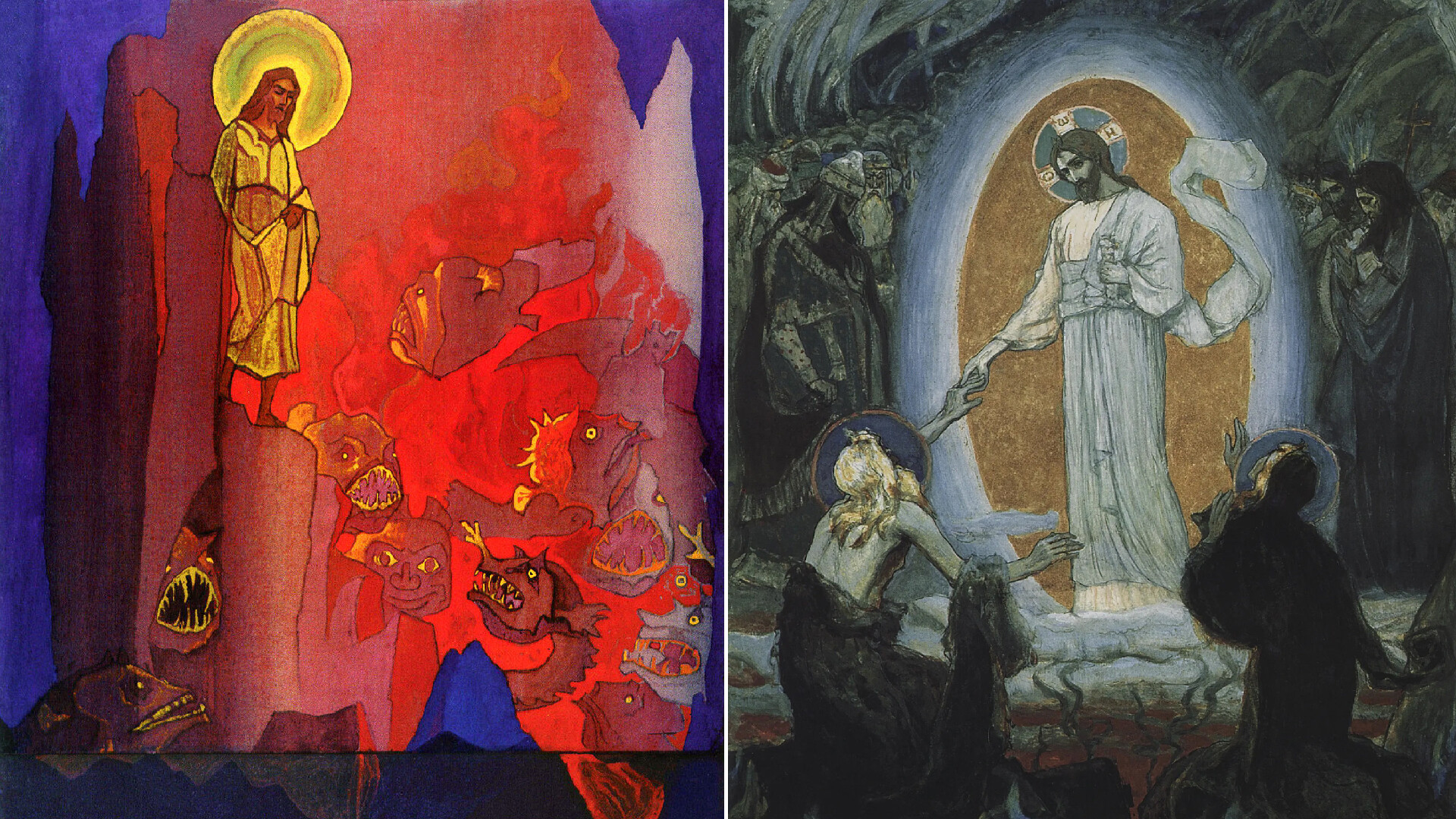 Nicholas Roerich. Sestop v pekel, 1933; Mikhail Nesterov. Spust Kristusa v pekel. Skica za ikonostas cerkve Odrešenika na Krvi v Sankt Peterburgu, 1895