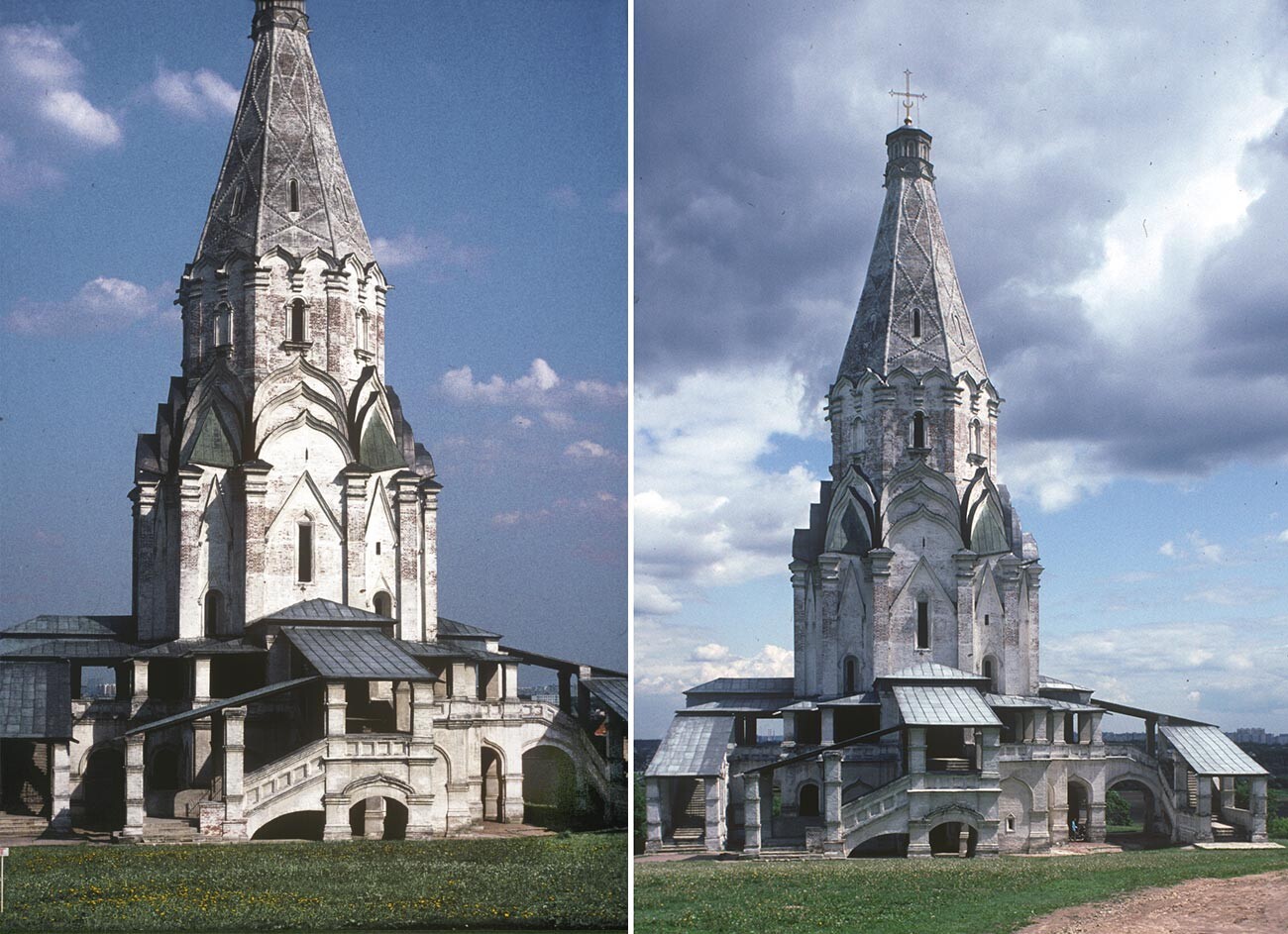 Left: Church of the Ascension. West view. Whitewash applied in 1979 has noticeably faded. June 1, 1992.
Right: West view with faded whitewash. June 11, 1993