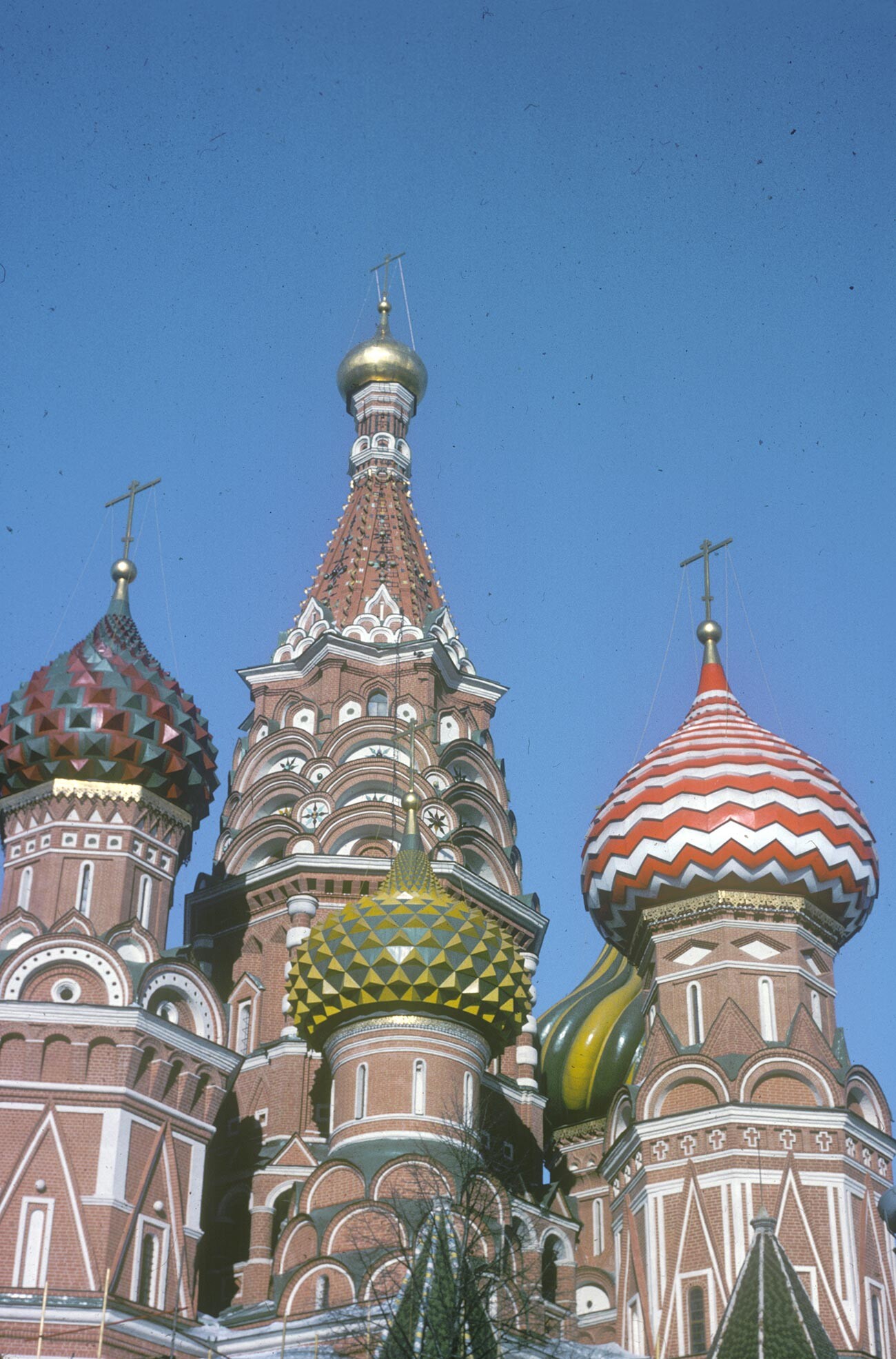 St. Basil's. Southwest view with central tower church dedicated to the Intercession of the Virgin. January 24, 1980