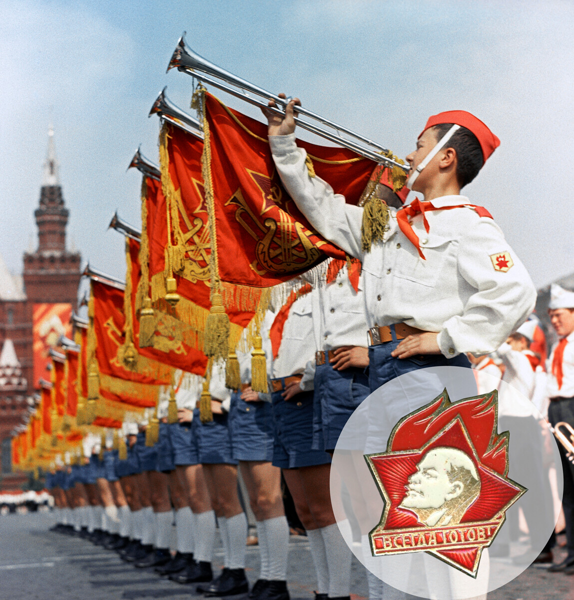 Pioneers attend a parade on Red Square