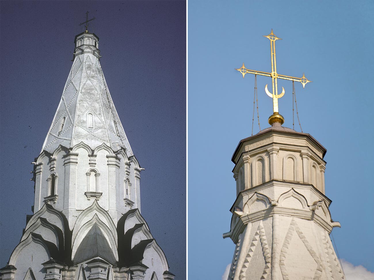 Église de l’Ascension. Structure de la tour, vue sud-ouest. 29 mars 1980 / Église de l’Ascension. Sommet de la tour avec lanterne et croix, vue ouest. 8 juin 2014
