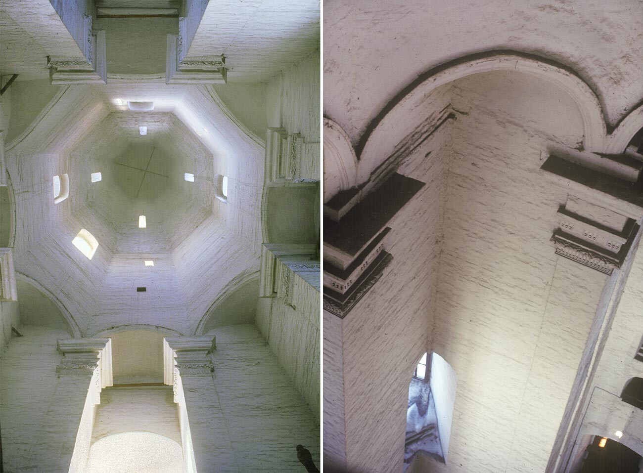 Église de l’Ascension, intérieur. Vue vers le sommet de la tour. 13 janvier 1984 / Chapiteaux Renaissance au sommet des pilastres d’angle. Vue prise depuis l’escalier «secret» dans le mur de briques. Notez l’épaisseur du mur au niveau de la fenêtre d’angle.13 janvier 1984
