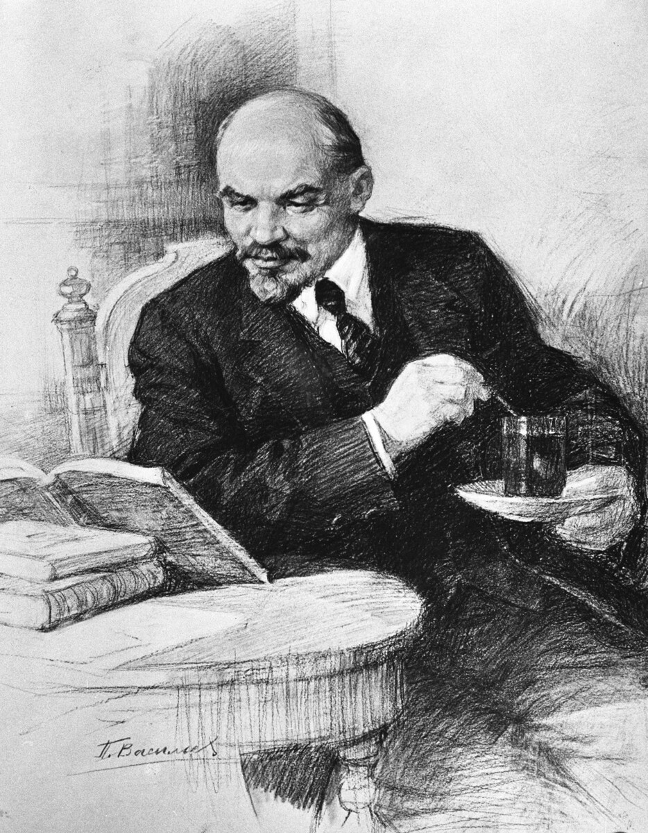 Dibujo a lápiz 'Lenin leyendo un libro' de P. Vasílyev (1968), 1 de marzo de 1972. 