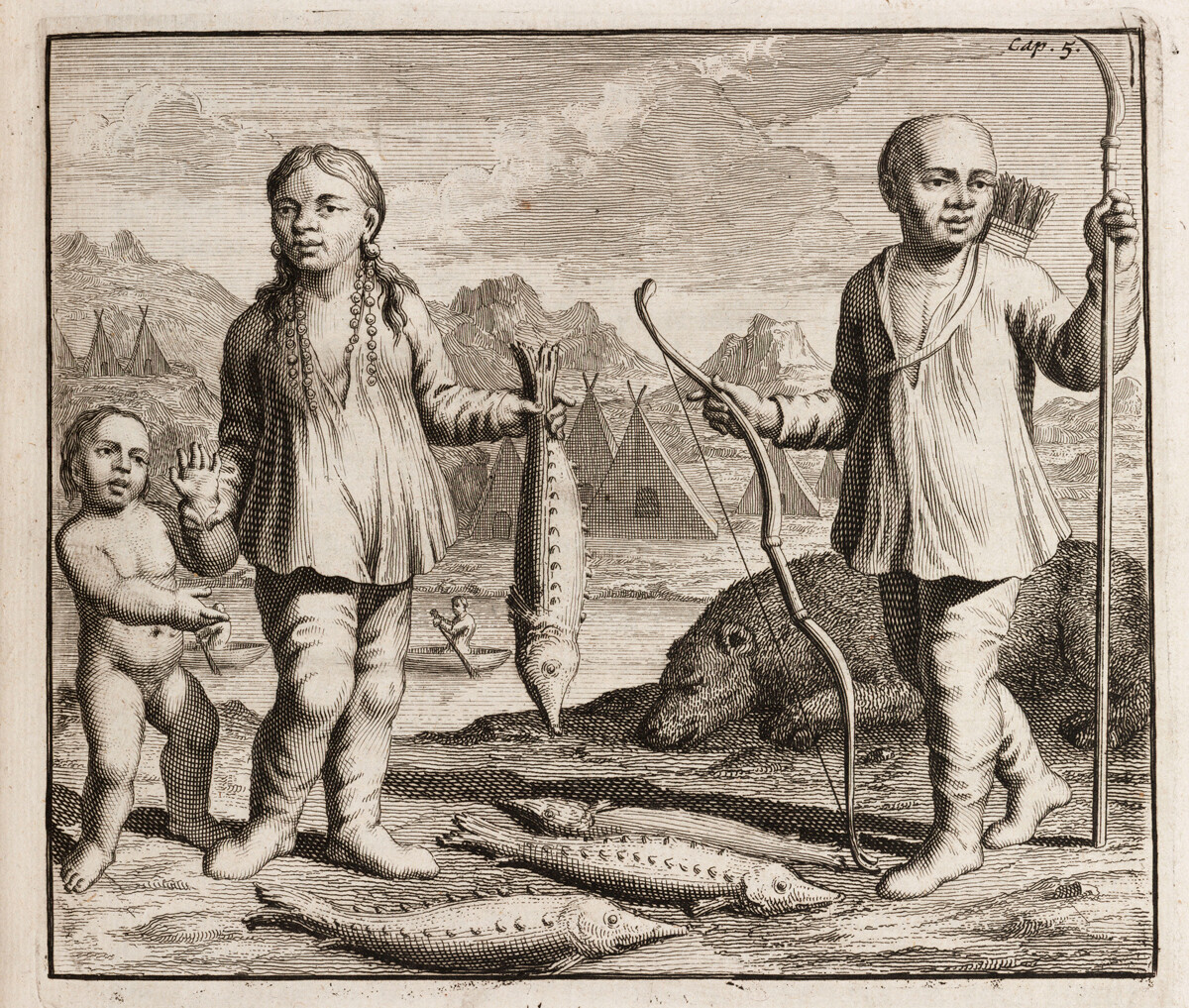 Gravure représentant une famille d'indigènes, probablement de Sibérie. La femme tient un esturgeon, et l'homme a un arc, des flèches et une lance. À l'arrière-plan, on aperçoit un ours récemment tué.