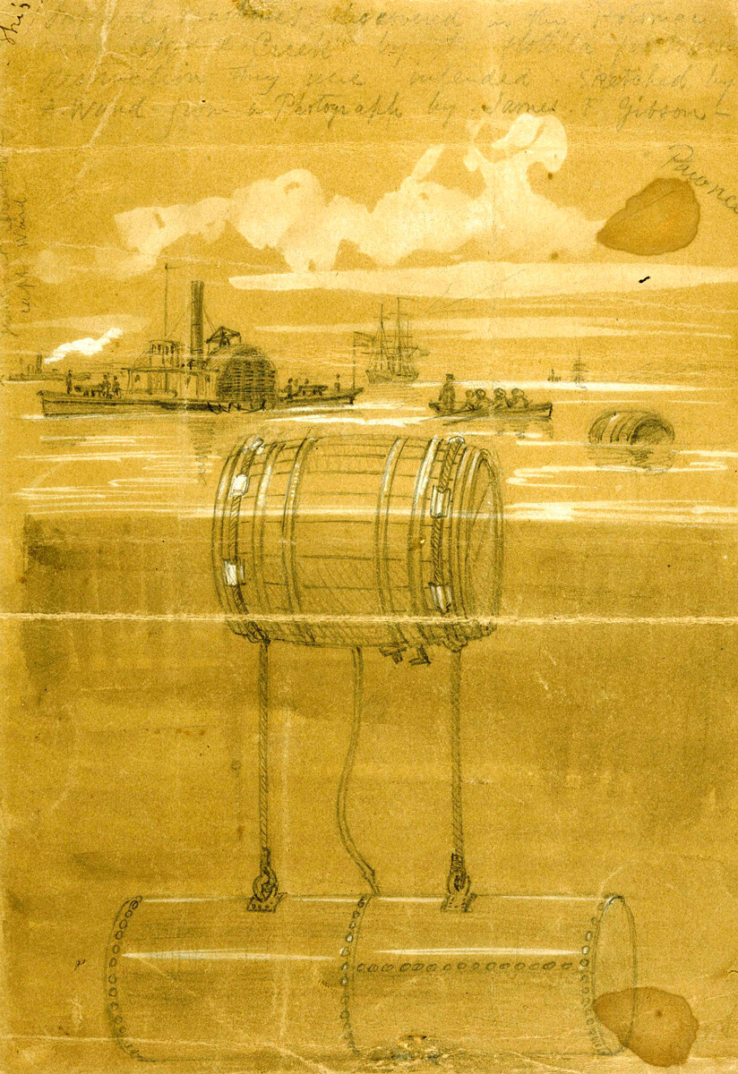 'Máquinas infernales' descubiertas en el arroyo Potomac. Dibujado por A. Waud a partir de una fotografía de James F. Gibson. Estas 'máquinas infernales' son más o menos como las creó von Jacobi.