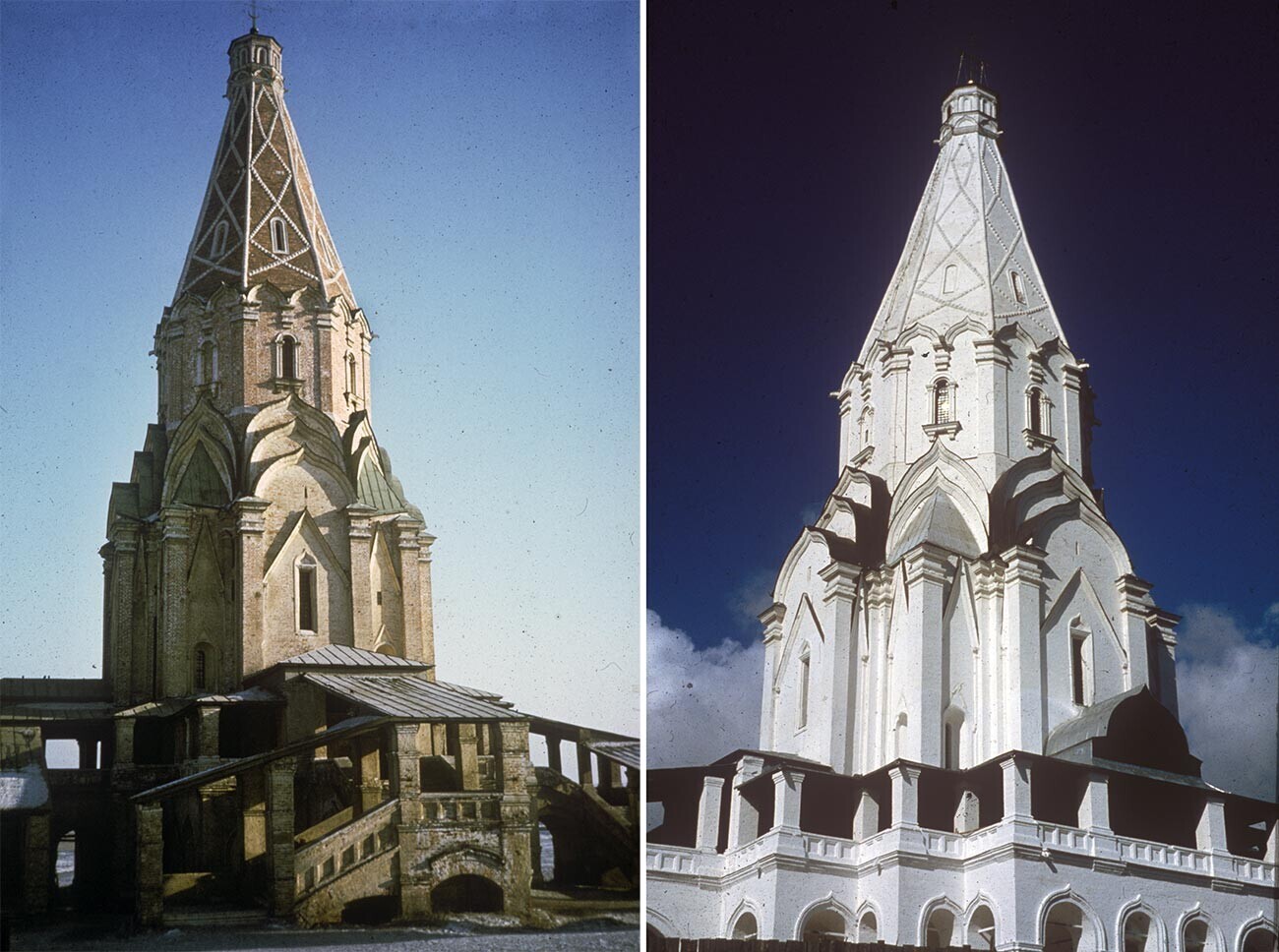 Kiri: Gereja Kenaikan di Kolomenskoye. Pemandangan barat laut. 20 Februari 1972. Kanan: Pemandangan gereja dari bagian tenggara yang diambil setelah dikapur sebelum Olimpiade 1980. 29 September 1979
