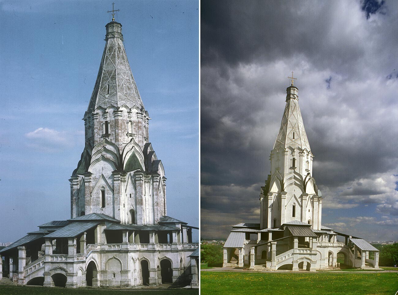 Kiri: Gereja Kenaikan. Tampilan barat daya dengan kapur pudar. 13 Mei 1995. Kanan: Tampak Barat dengan kapur yang telah direnovasi. 28 Mei 1999
