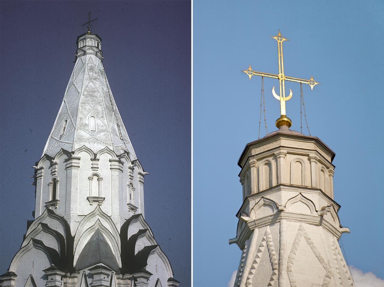 Kiri: Gereja Kenaikan. Struktur menara, pemandangan barat daya. 29 Maret 1980. Kanan: Puncak menara dengan lampion & salib, pemandangan barat. 8 Juni 2014