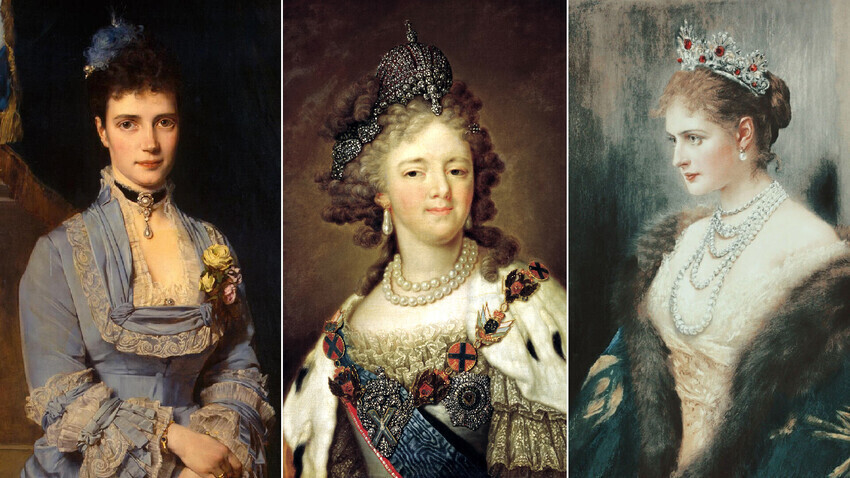 Портрети на великата кнегиња Марија Фјодоровна (1874), царицата Марија Фјодоровна (XVIII век) и царицата Александра Фјодоровна (1900)

