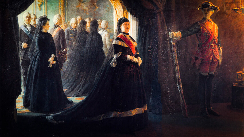 “Caterina II presso il feretro dell’Imperatrice Elisabetta”, dipinto di Nikolaj Ge del 1874