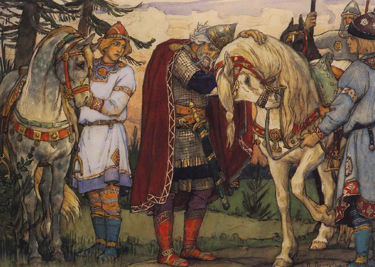 Perpisahan Oleg dengan kudanya. Ilustrasi untuk “Lagu tentang Nabi Oleg” oleh Aleksandr Pushkin.