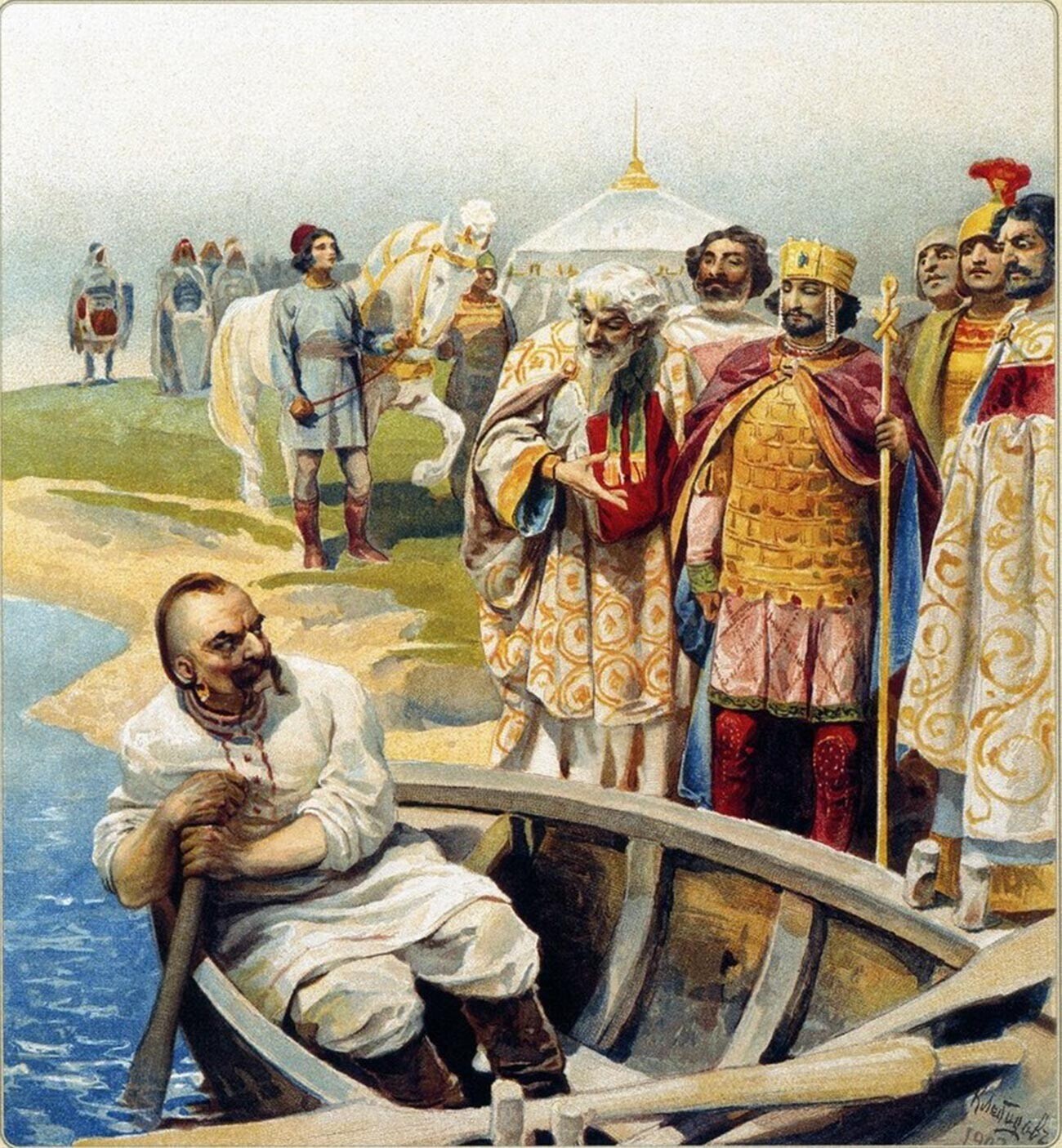 Pertemuan Svyatoslav dengan Kaisar Bizantium Tzimiskes di tepi sungai Donau. Putra Igor dan Olga, Pangeran Svyatoslav menghabiskan seluruh hidupnya dalam kampanye militer. Di antara lawan utama penguasa adalah pengembara Pecheneg, Bulgaria, dan juga Kekaisaran Bizantium.