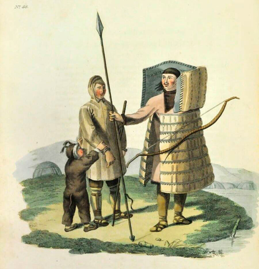 Tchouktche en armure avec une lance et un arc. Tiré du livre Costume des peuples de l'Empire russe d'Edward Harding. Londres, 1810
