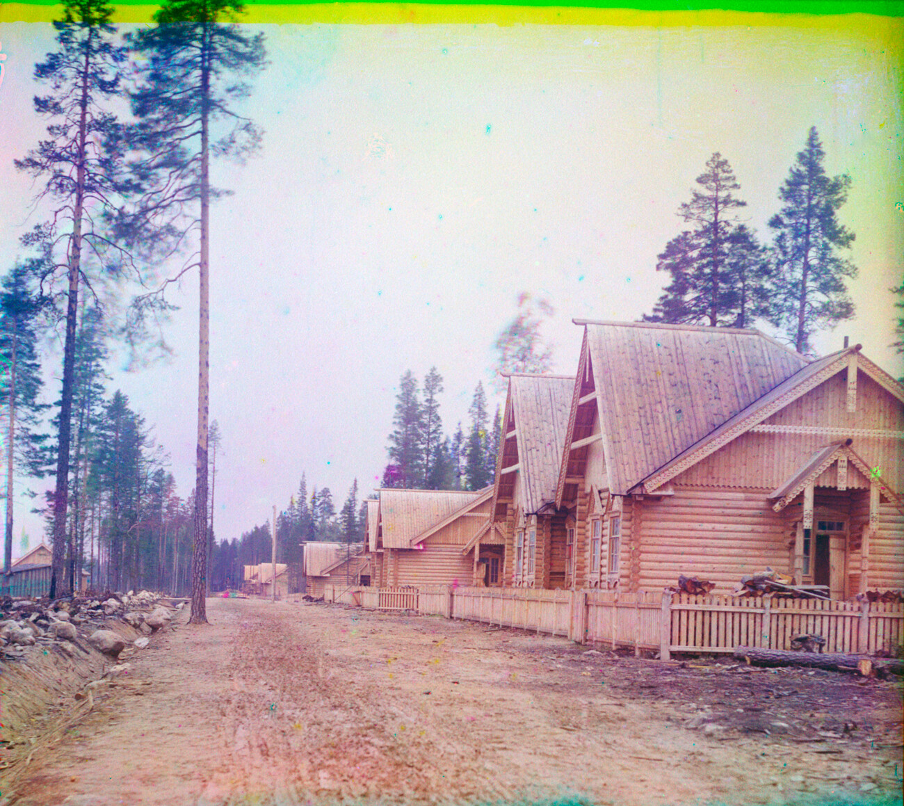 Maselskaya Station. Row of new log houses behind railroad station. Summer 1916
