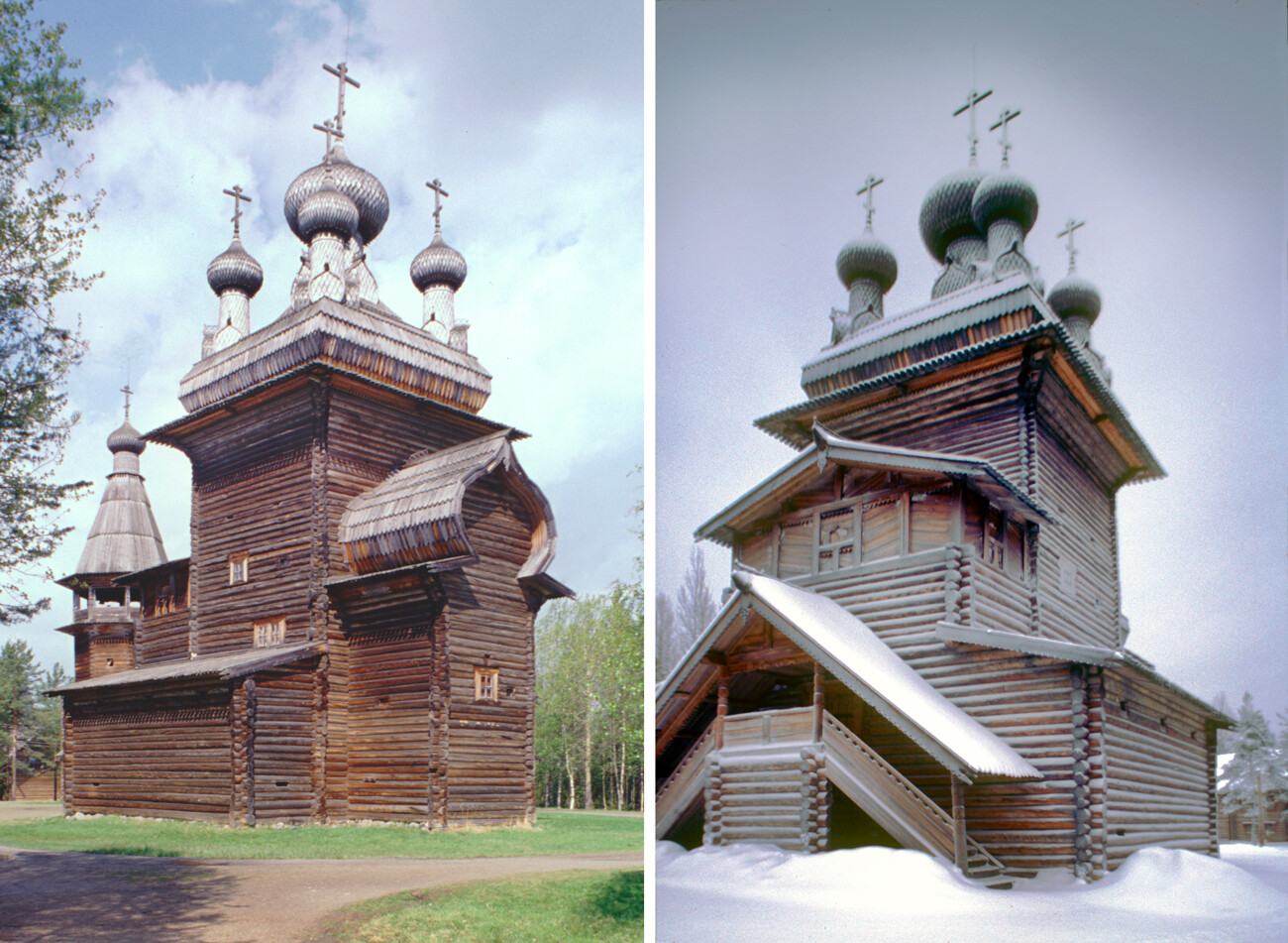 Log Church of the Ascension, originally built at Kushereka village, Onega District. Left: Southeast view with apse containing main altar on right. June 9, 1998.
Right: Southwest view with vestibule. December 30, 1998