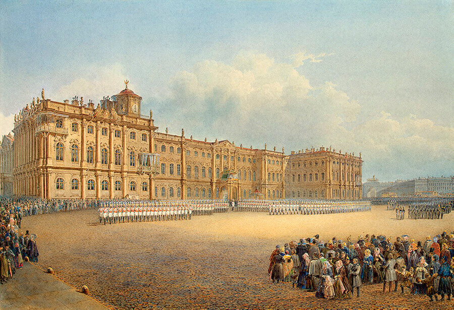 Dengan mudah Sadovnikov. Pemandangan Istana Musim Dingin dari Admiralty. Pergantian Penjaga. 1830-an