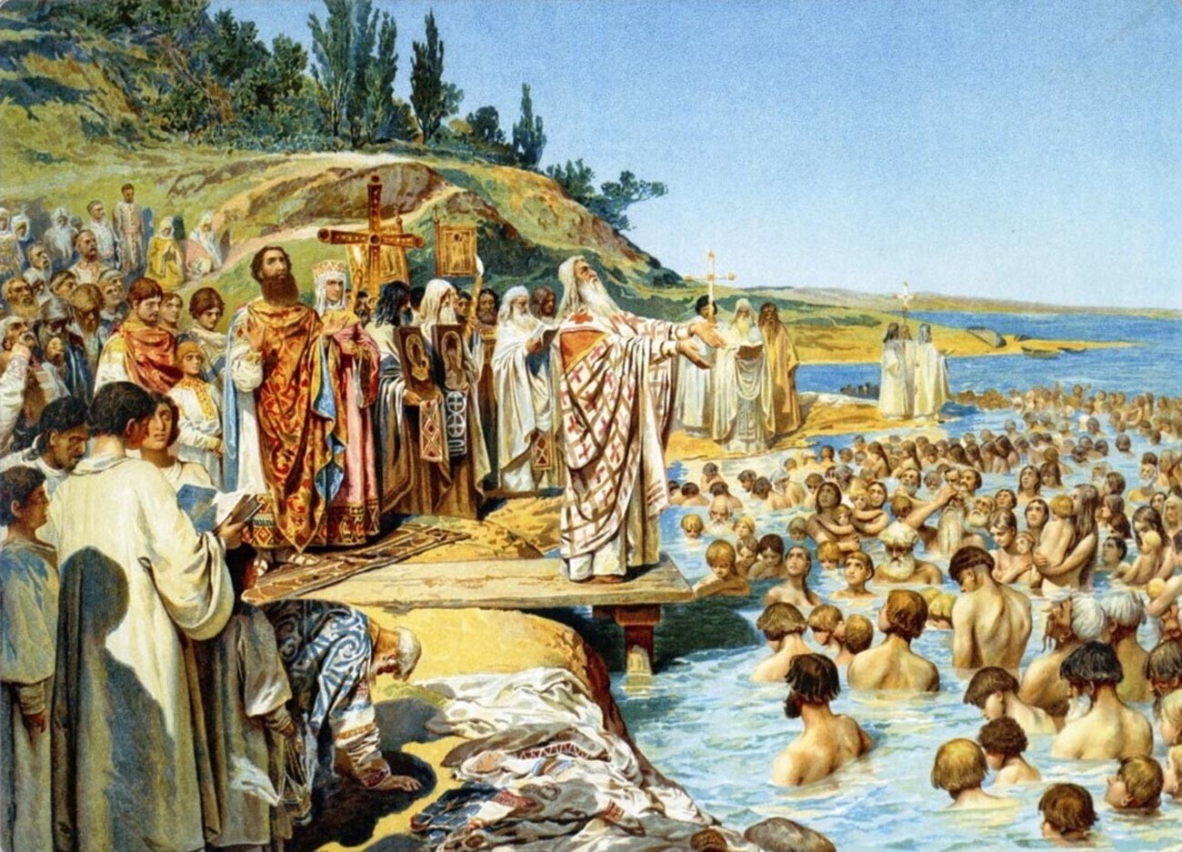 Pokristjanjevanje Rusije. Krščanstvo kot državno vero je leta 988 v Kijevski Rusiji uvedel knez Vladimir Svjatoslavič.