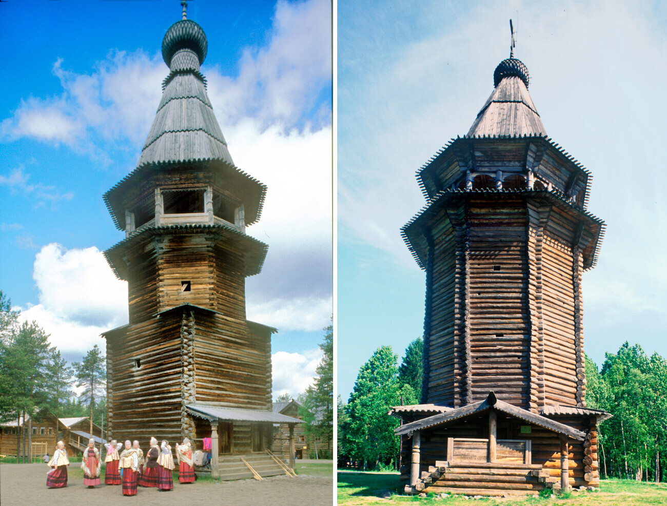 Kiri: Menara lonceng kayu di Gereja Kenaikan, desa Kushereka. 21 Juni 2003. Kanan: Menara lonceng kayu dari desa Kuliga-Drakovanovo, distrik Krasnoborsk. 22 Juni 1999.