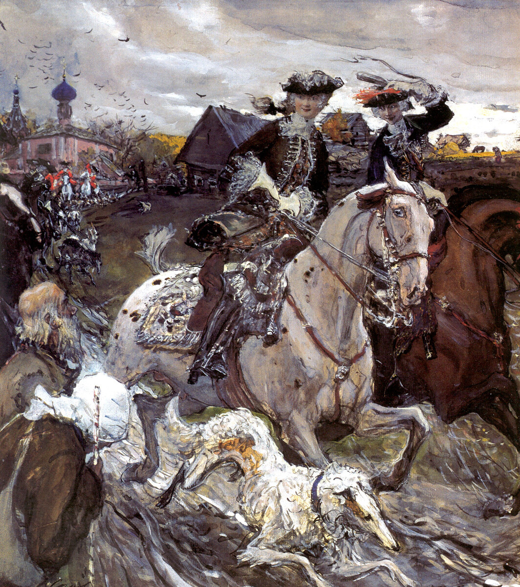 Peter II. in cesareva Elizabeta na lovu s psi, 1900, Valentin Serov 