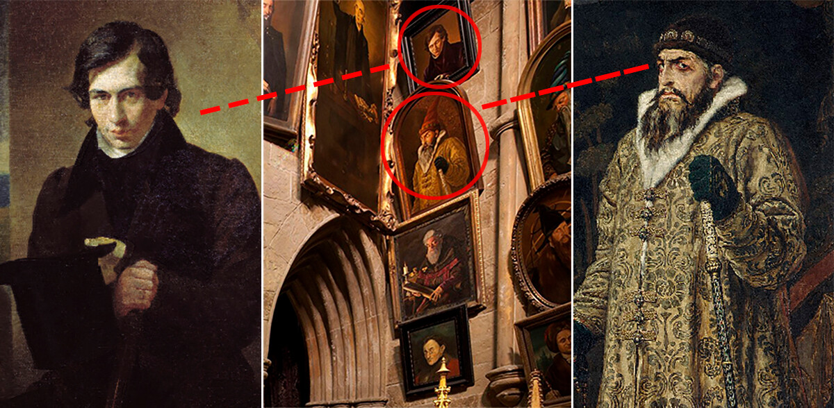 ホグワーツの壁に架けられているヴィクトル・ヴァスネツォフによるイワン雷帝の肖像画・ カール・ブリュロフによる戯曲家ネストル・クコルニクの肖像画