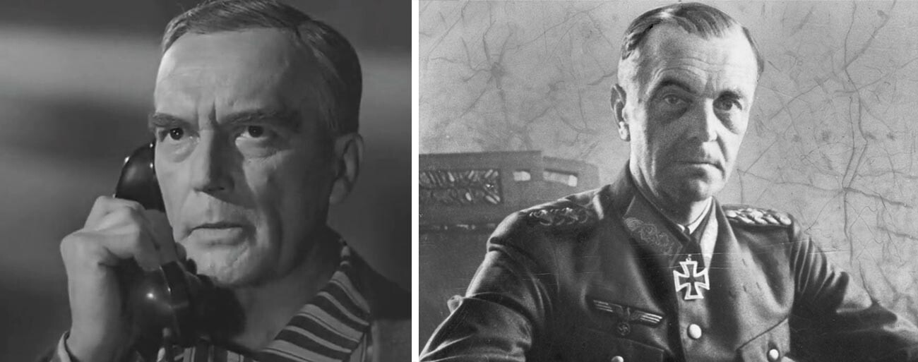 Глумац Владимир Гајдаров у улози Паулуса у филму „Стаљинградска битка“ (лево) и Фридрих Паулус (десно)