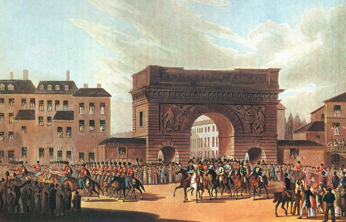„Влегувањето на руските трупи во Париз“. 31 март 1814 година“, непознат уметник, 1815 година.

