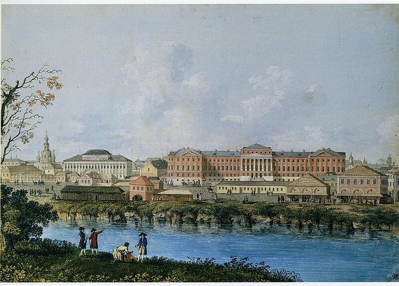 Acuarela de artista desconocido. Universidad de Moscú y río Neglinaia, a la izquierda Iglesia del Icono de la Madre de Dios. Década de 1790.