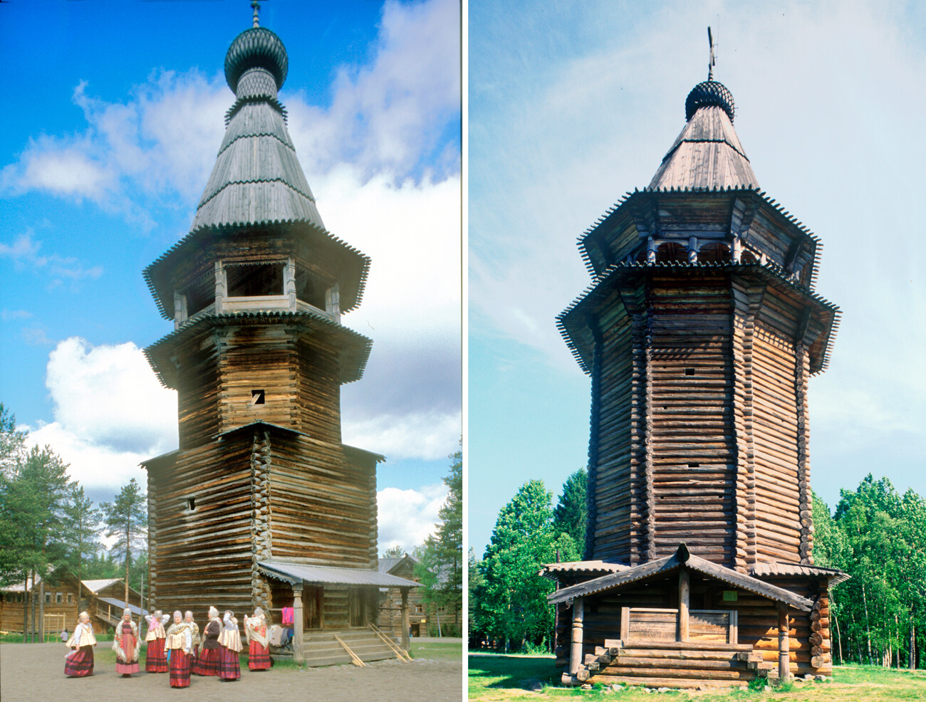 A sinistra: il campanile di tronchi della chiesa dell'Ascensione, nel villaggio di Kushereka, 21 giugno 2003. A destra: il campanile di tronchi del villaggio di Kuliga-Drakovanovo, nel distretto di Krasnoborsk, 22 giugno 1999