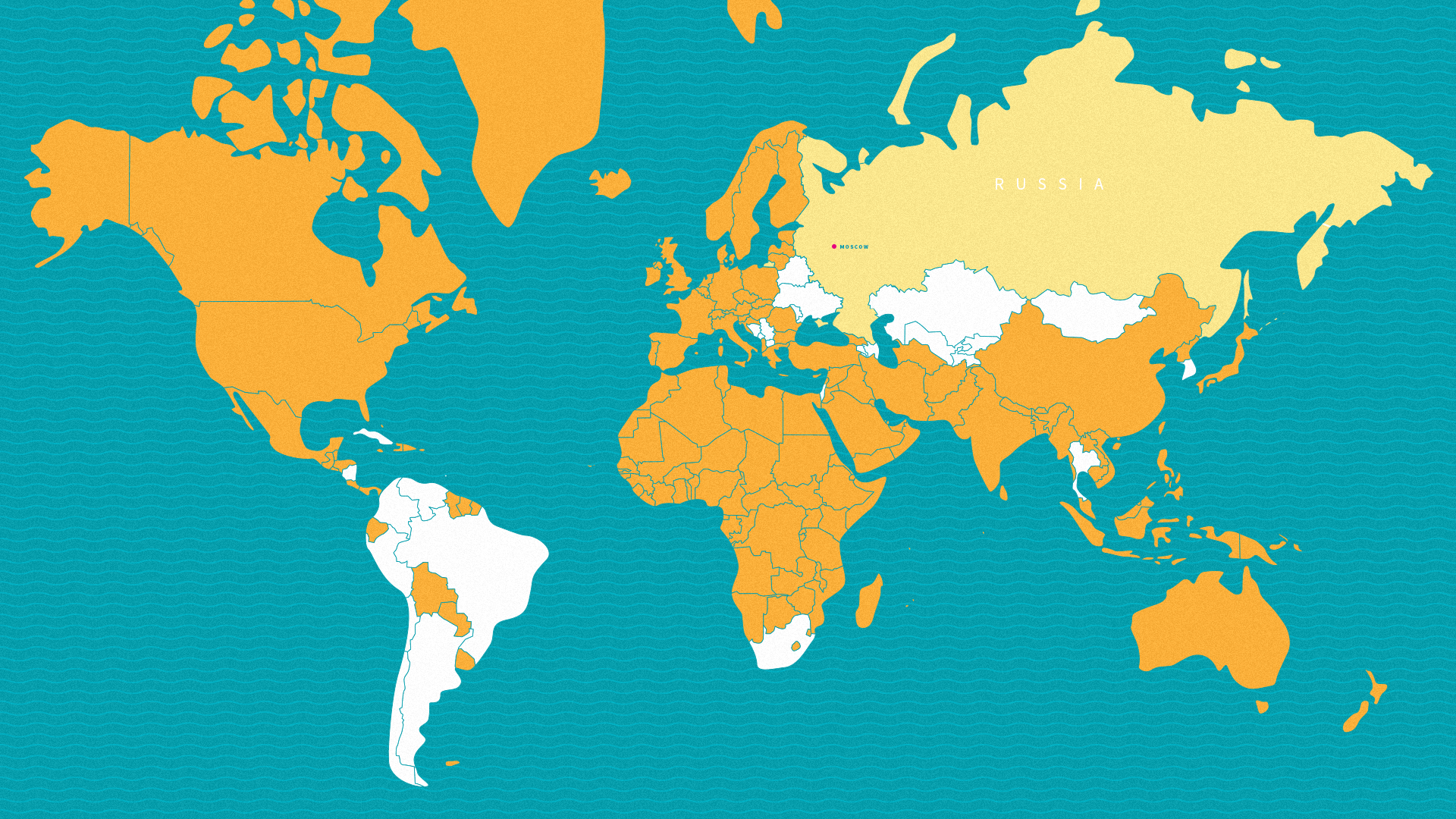 Countries whose citizens are not required to apply for a Russian visa are marked in white.